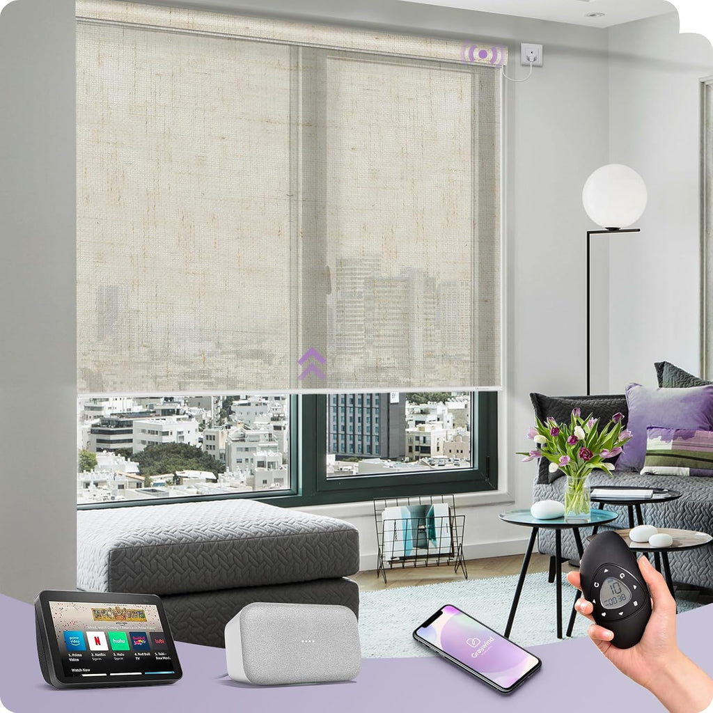 Graywind Motorized Semi Roller Shades Compatible with Alexa Google Hardwired WiFi Smart Light Filtering Remote Control Automated Blinds Electric Window Shade, Custom Size (Sheer Linen Beige)