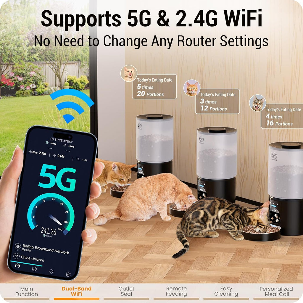 Automatic Cat Feeder with 5G WiFi : 5L Automatic Dog Feeder with Sealed Outlet, Timed Auto Cat Food Dispenser with APP Control for Pets, Detachable for Easy Clean - 21 Cup