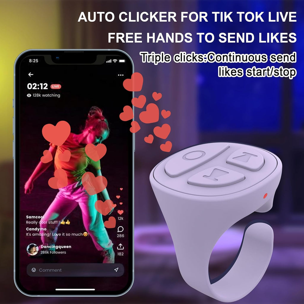 Tiktok Scrolling Ring for iPhone, Bluetooth Camera Remote Control, Remote Control for TIK Tok Scrolling Ring for iPhone, Android (Purple)