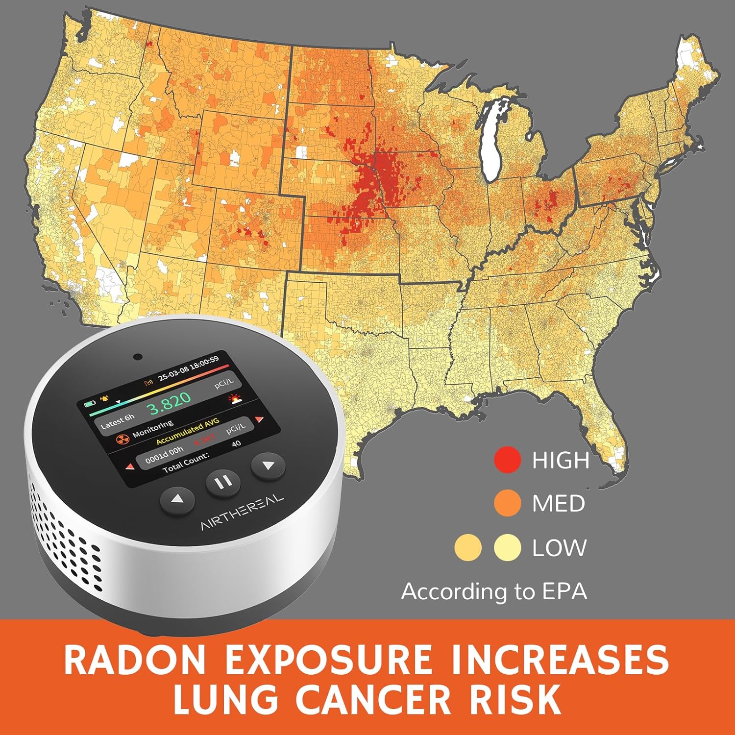 Airthereal Portable Radon Detector for Home – 504-Day Data Storage for Long Term Monitoring, LCD Color Display, Fast 6H Results, Long Battery Life, Audible & Visual Alarm - Upgraded 2025 Version