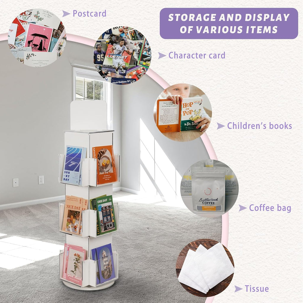 Natheeph Rotating Display Stand Greeting Card Display Wooden Display Rack with Two Card Sticker for Greeting Card Vendor Coffee Bag 3 Tier Tabletop Display Stand (White)
