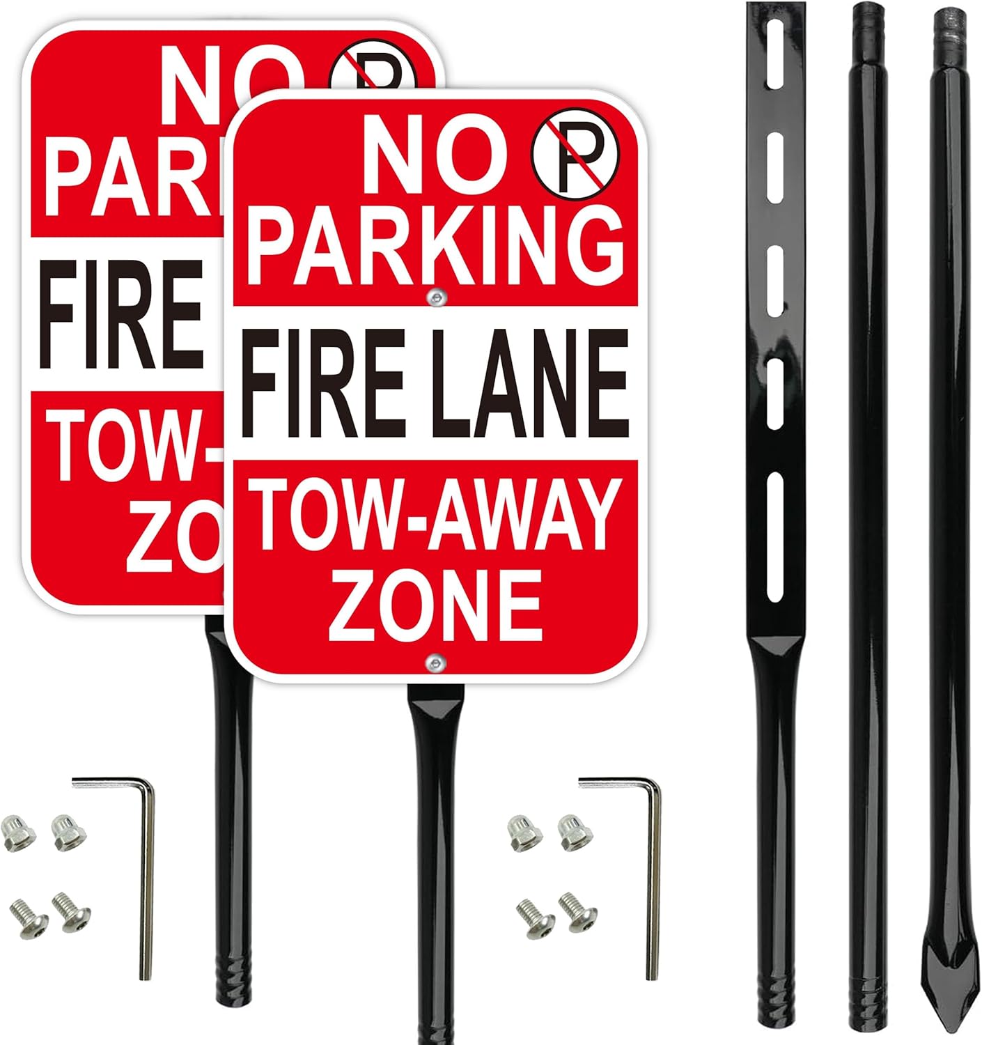 No Parking Fire Lane Sign, with 54 Inch Black Metal Stakes, 10 x 14 Inches Reflective Sheeting Rust Free Aluminum, 2 Pack, Indoor/Outdoor Use