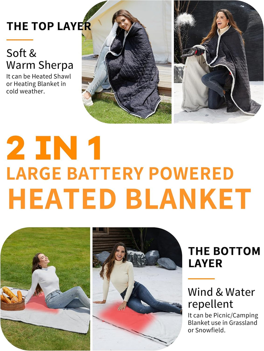 Heated Blanket Battery Operated,12V Cordless heating pad with 15000 battery,Heated Shawl Throw Blanket,Wearable Heated Blanket,Sherpa Lining,3 Heating Set for Outdoor Camping,Backpacking,Hiking,Travel