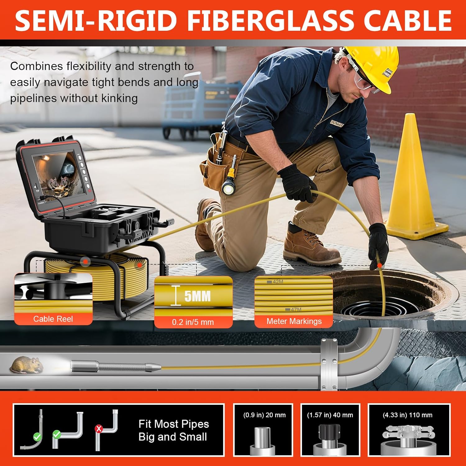 Sewer Camera, Self-Leveling Drain Camera 165 ft with Distance Counter, 9" 1080P HD Plumbing Cameras Snake with 12 LED Lights, IP68 & 32GB DVR, Industrial Endoscope for Duct Sewer Line Pipe Inspection