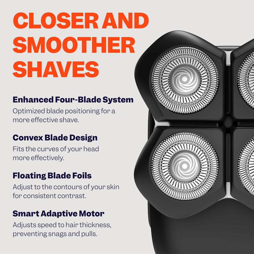 Freebird FlexSeries Pro Electric Head & Body Shaver - Mens Cordless Rechargeable Wet/Dry Skull Bald Head Back & Groin Waterproof Razor with Rotary Blades, Clippers, Nose Trimmer, Brush, Massager