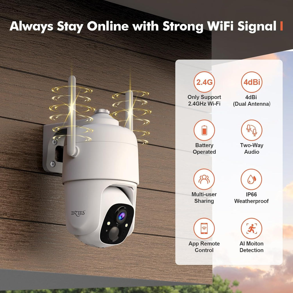 Dzees 360° PTZ Security Cameras Wireless Outdoor WiFi, 2K Battery Powered Home Security Camera Indoor, Spotlight & Siren, Color Night Vision, 2-Way Talk, AI Motion Detection, IP66, SD/Cloud 4-Pack