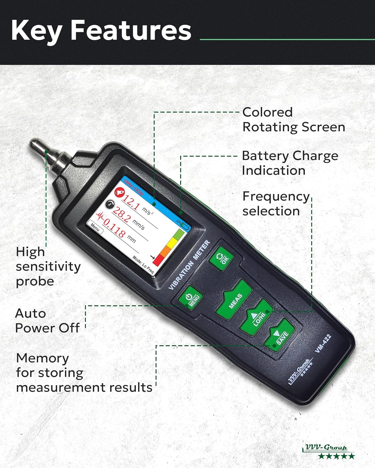 Vibration Meter VM-422 Digital Vibrometer Handheld Vibration Analysis Equipment Acceleration Velocity Displacement Measurement