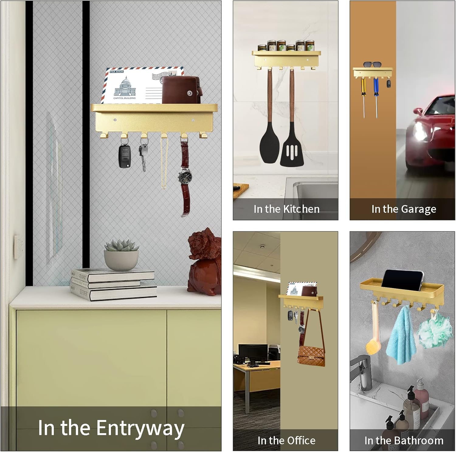 GTK Key Holder for Wall, Key Hooks with Tray and 6 Hooks, Wall Mounted Key Holder for Hallway, Key Rack with Shelf for Mail Storage (Gold)