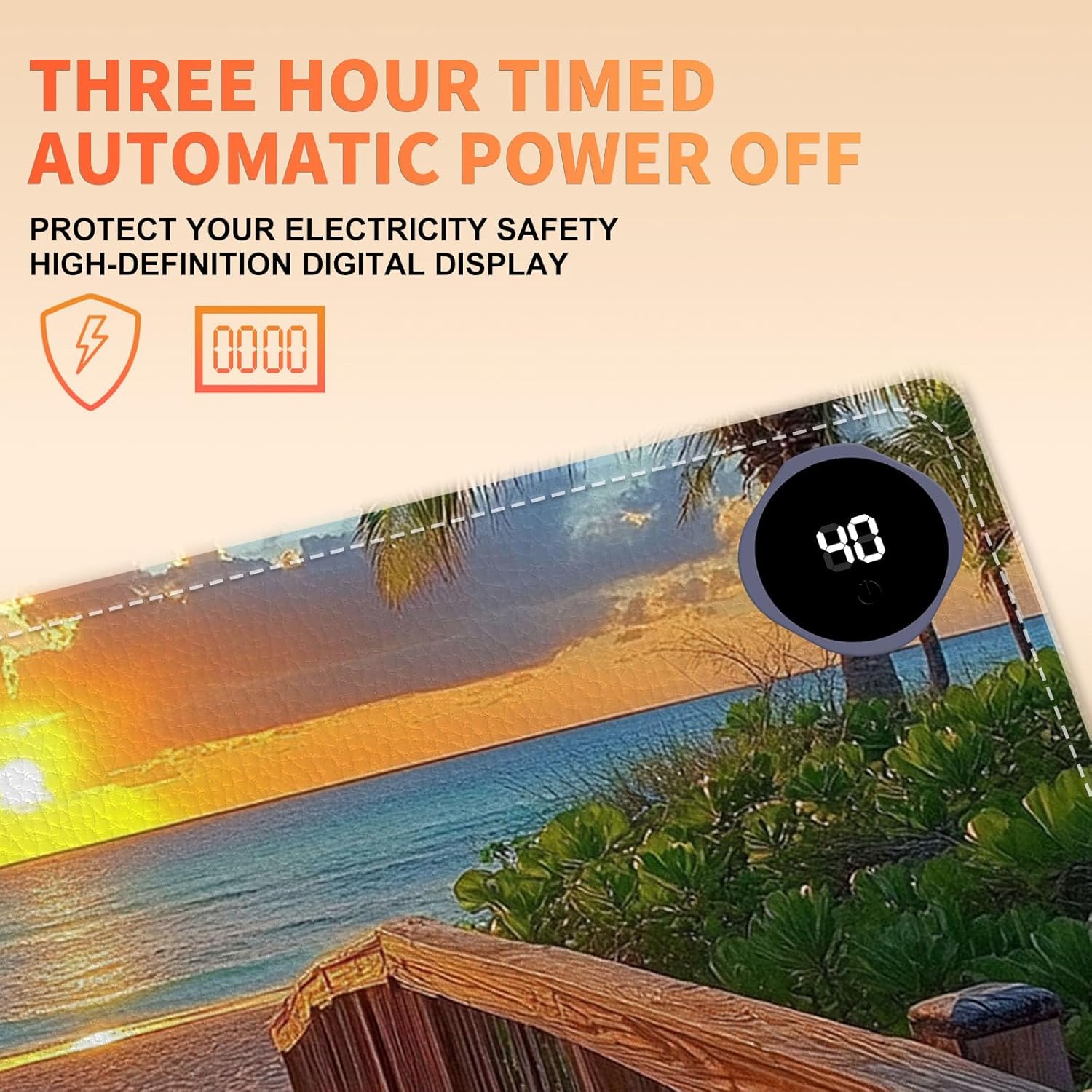 Heated Mouse Pad 31.5x13 in 3-Temp Fast Heating Desk Mat with Auto Timer Warmer for Hands Wrist Pain Relief Waterproof Keyboard Mat for Office, Gaming, Home, Sunset Beach Pathway