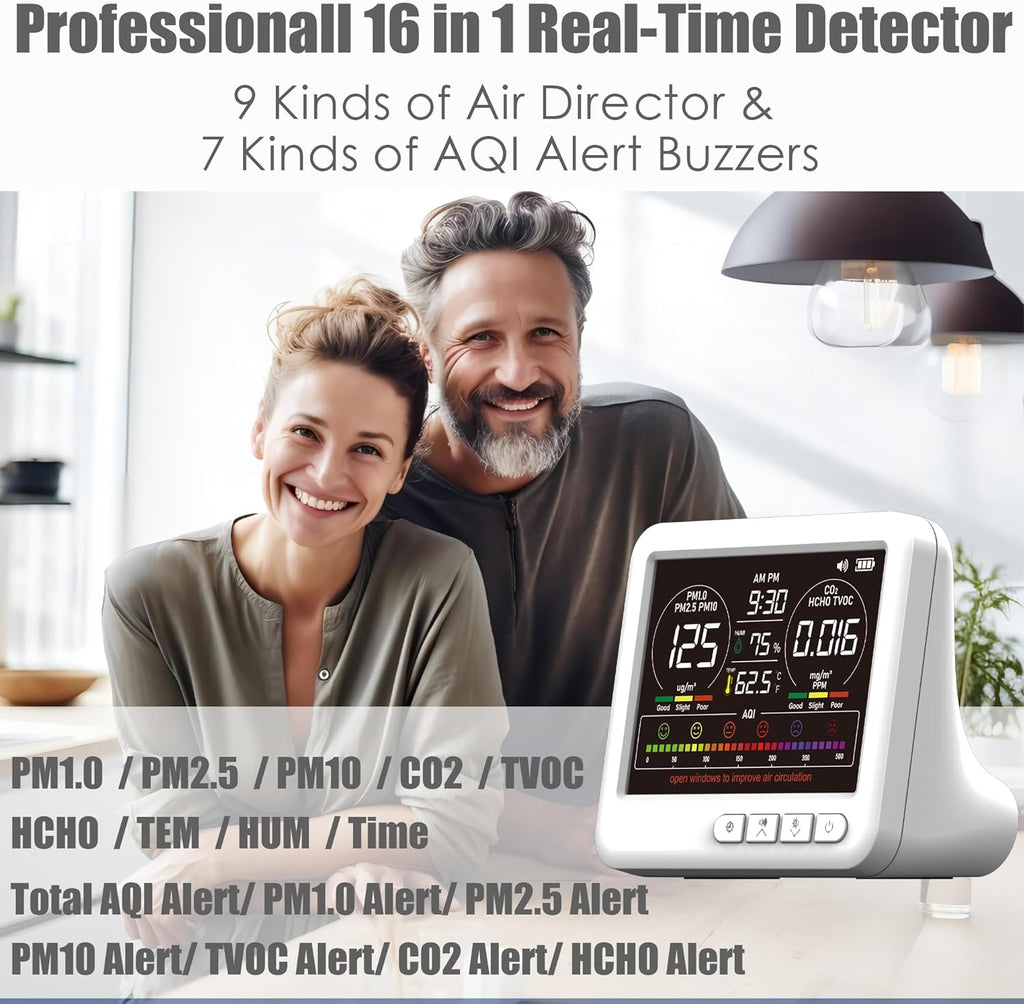 Professional Indoor Air Quality Monitor with 7X AQI,16 in 1 Portable Real-Time Detector for PM2.5 | PM10 | CO2 | TVOC | HCHO | Temp | Hum for Home Cars Plants Pets (White)