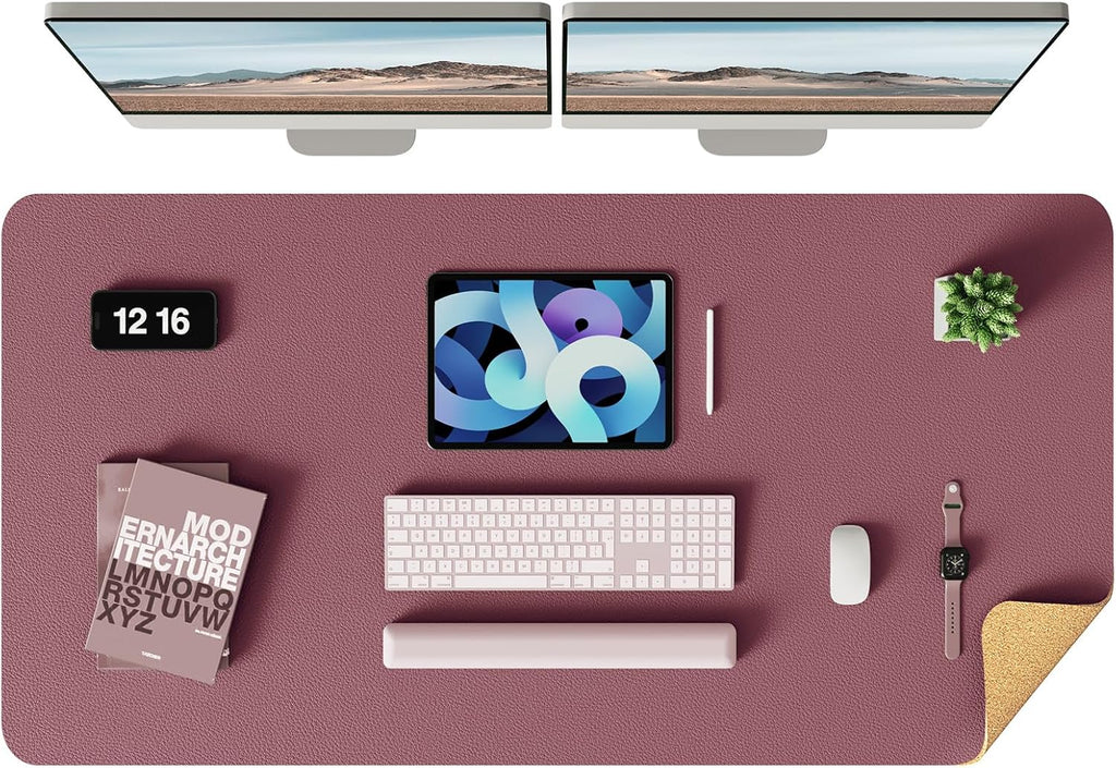 YSAGi Double-Sided Desk Pad, Leather Desk Mat, Eco Cork Desk Pad Protector, Large Mouse Pad for Desk, Waterproof Desk Blotter Pad, Desk Writing Pad for Office Work/Home(Cork+Dark Pink, 47.2" x 23.6")