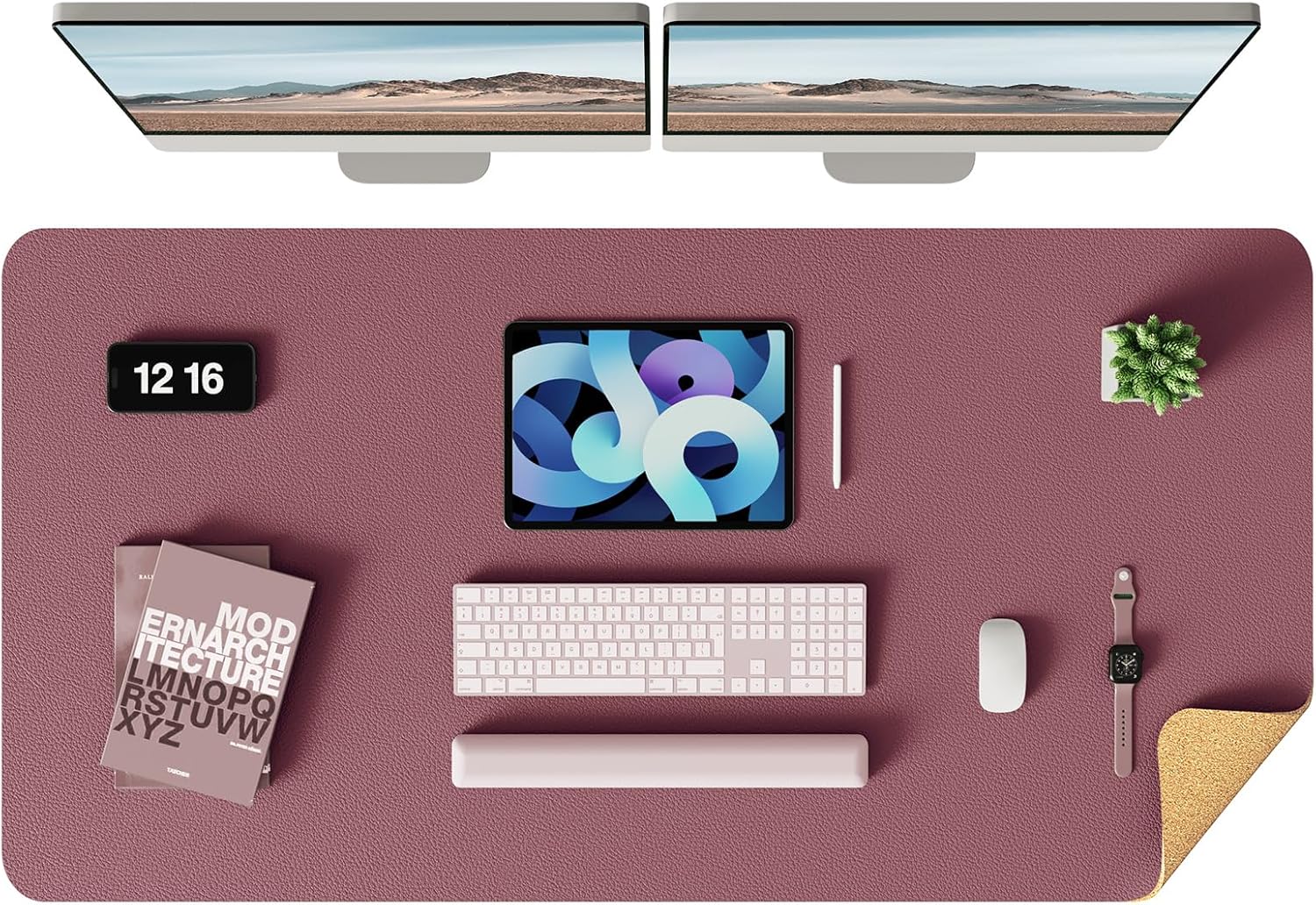 YSAGi Double-Sided Desk Pad, Leather Desk Mat, Eco Cork Desk Pad Protector, Large Mouse Pad for Desk, Waterproof Desk Blotter Pad, Desk Writing Pad for Office Work/Home(Cork+Dark Pink, 47.2" x 23.6")