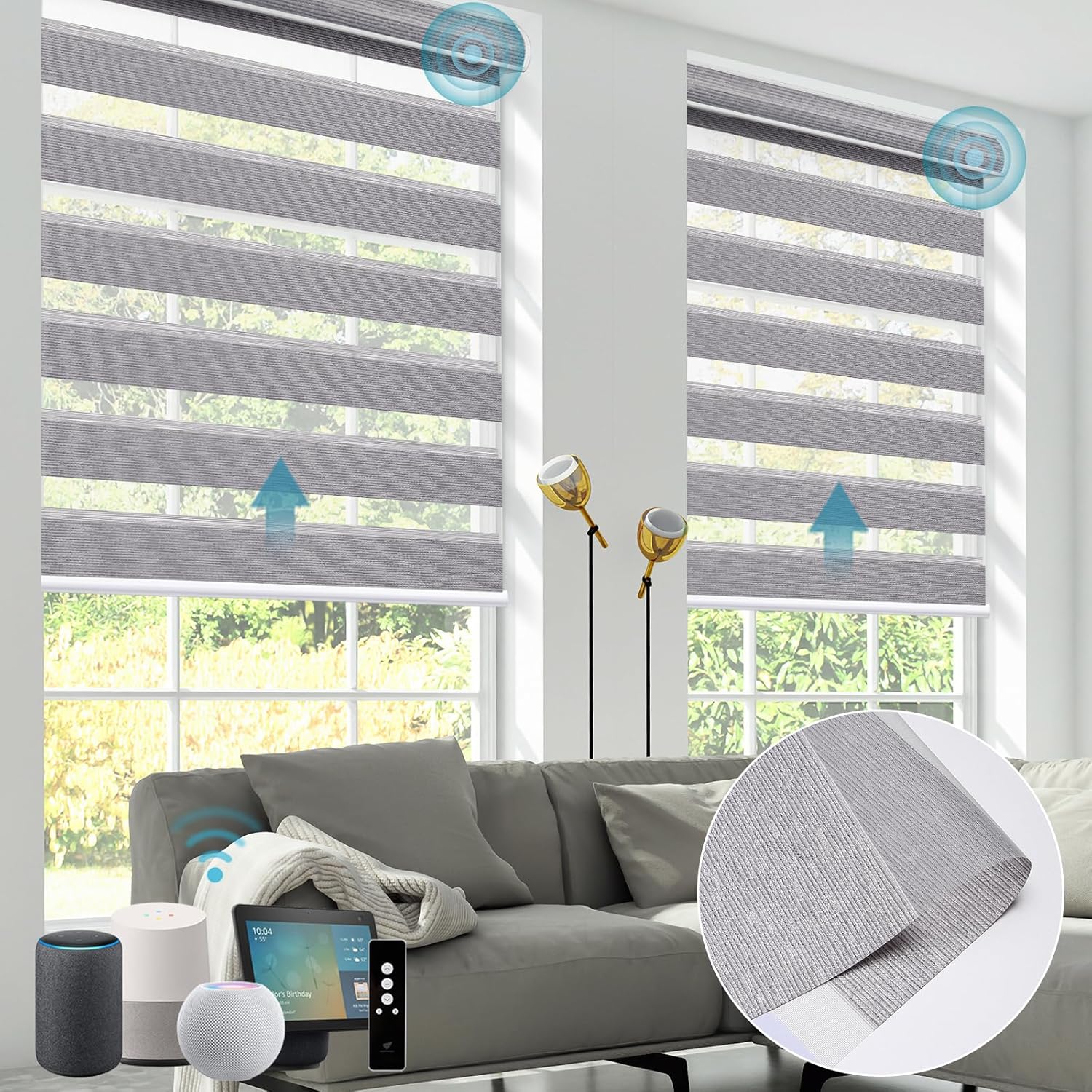SmartWings Motorized Zebra Shades - Compatible with HomeKit, Alexa, SmartThings, Google - Remote Control Light Filtering Sheer Shades, 50% Blackout, for Smart Home/Office, Grey, Customized