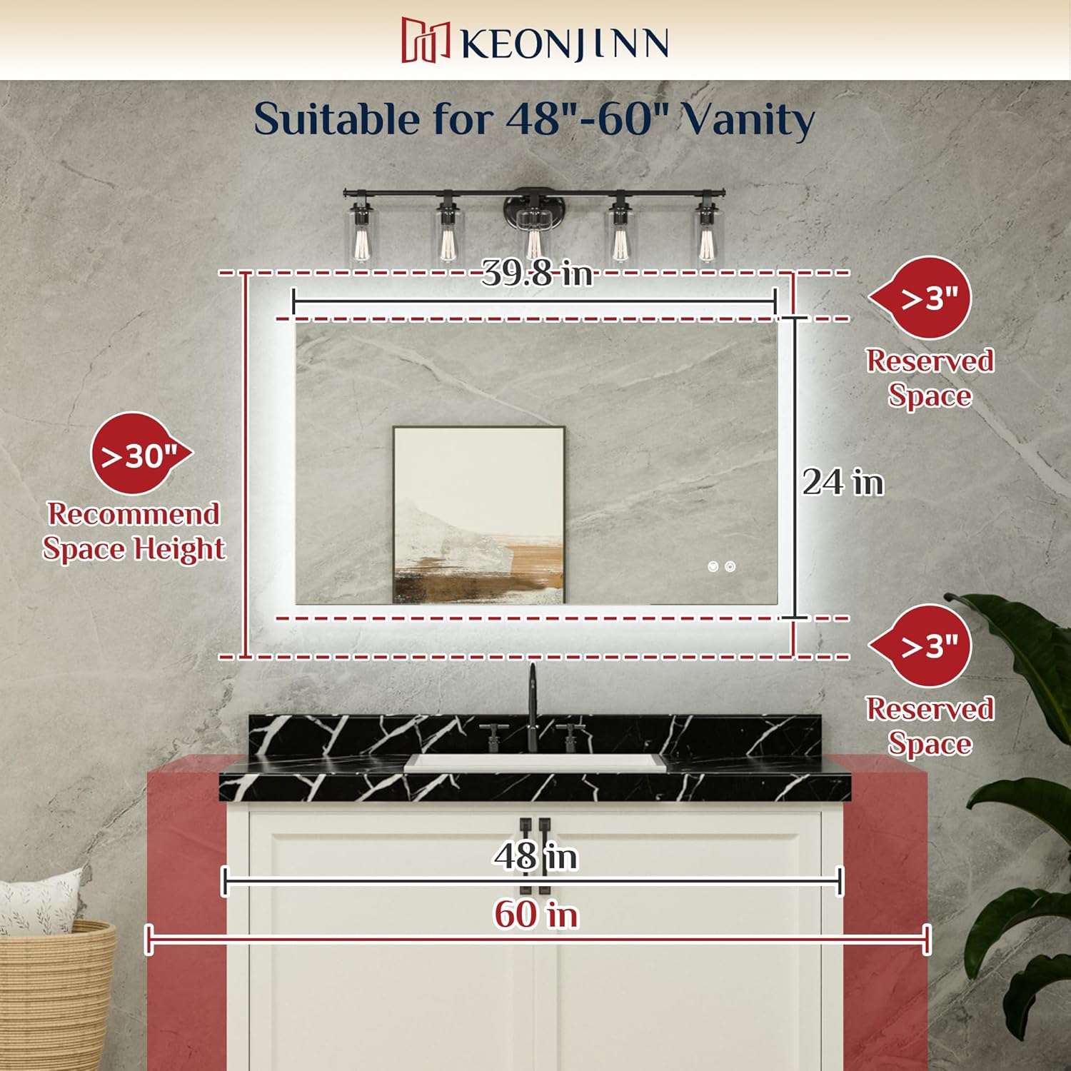 Keonjinn 24 x 40 Inch LED Bathroom Mirror with Backlit, Anti-Fog Vanity Mirror with CRI90+ HD Tempered Glass, Stepless Dimmable, High Lumen, UL Listed, Waterproof, Horizontal/Vertical