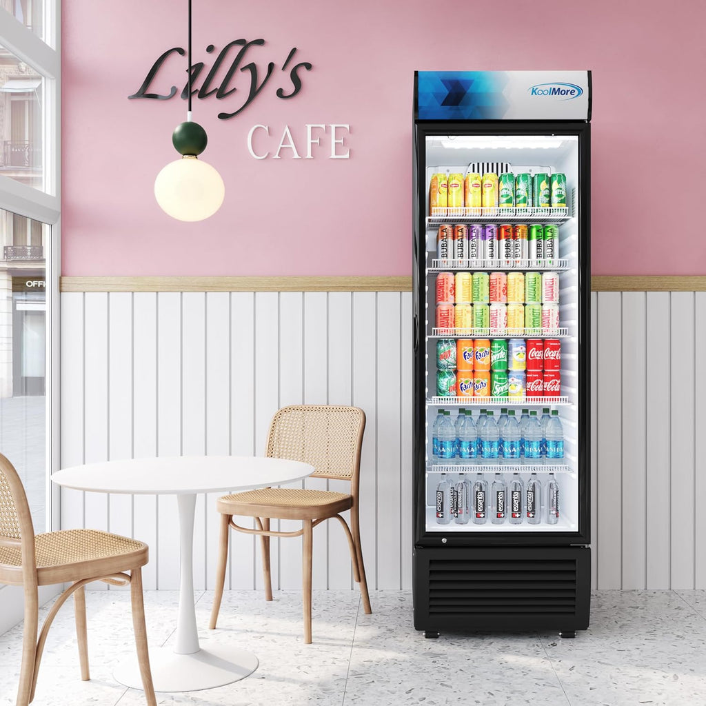KoolMore 26 in. Commercial Glass Door Merchandiser Refrigerator with LED Lights, 15 cu. ft. in Black, ETL Listed (KM-MDR-1GD-15C)
