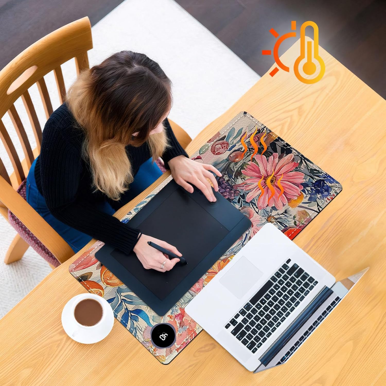Heated Mouse Pad 23.6 x 14 in 3-Temp Fast Heating Desk Mat with Auto Timer Warmer for Hands Wrist Pain Relief Waterproof Keyboard Mat for Office, Gaming, Home, Floral Kitchen