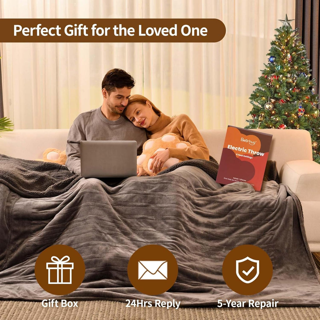 Bearhug Electric Blanket Queen Size 84" x 90", Dual Controllers Grey Heated Blanket, Velvet & Sherpa, 10-Heating Level & 1-12H Auto Off, Over-Heat Protect, ETL, Machine Washable