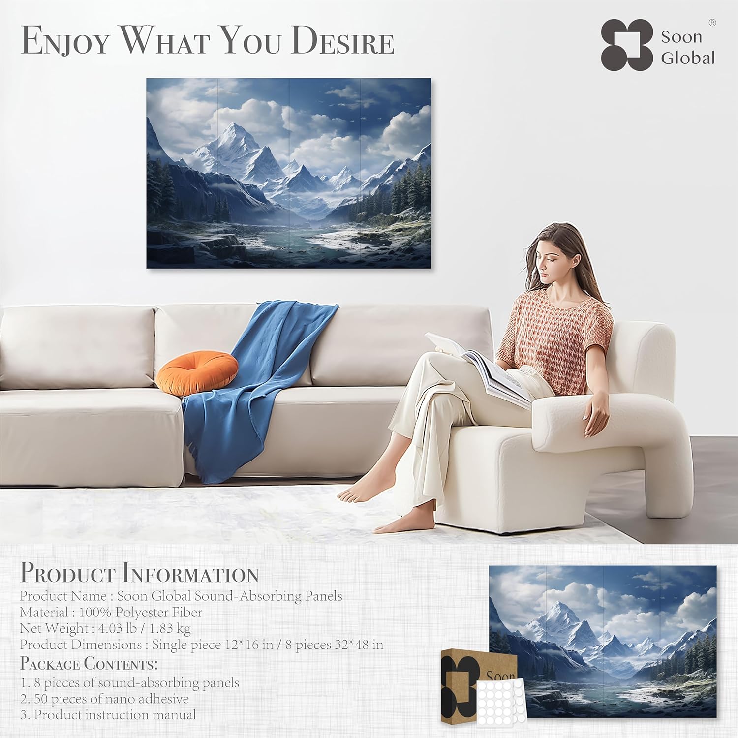 8-Pack Acoustical Wall Panels, 48 X 32 Inches Art Acoustic Panels, Decorative Acoustic Panels, Acoustic Wall Panels, Sound Absorbing Wall Art, Neige Éthérée