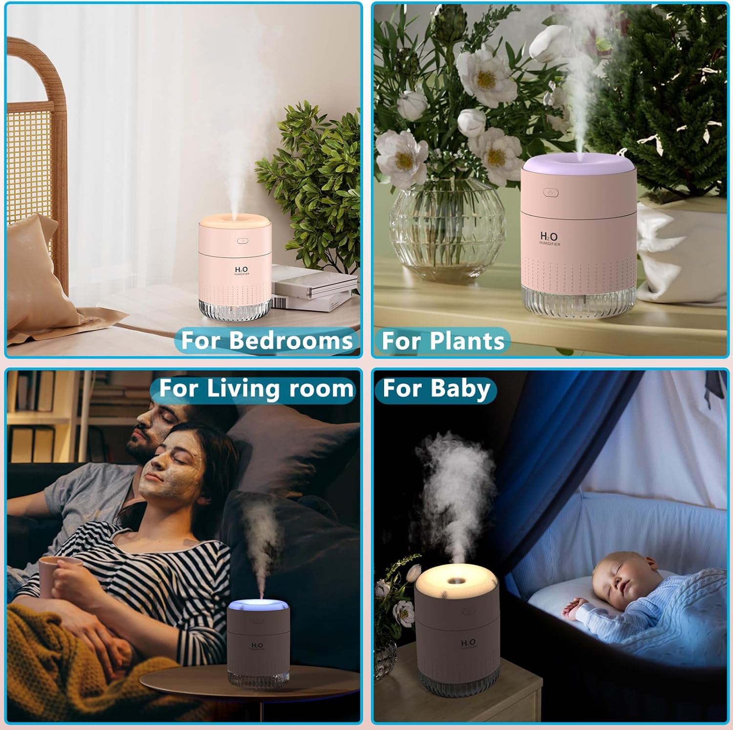 Colorful Mini Humidifier, USB Rechargeable Humidifier, small humidifier, 4 Modes Super Quiet, Humidifiers For Bedroom,Suitable For Travel Office Family Baby Bedroom-Soft Pink