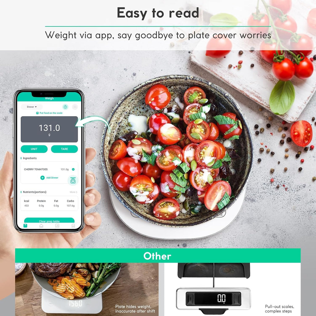 Arboleaf Smart Food Kitchen Scale, 22lb Digital Food Scale with Nutritional Calculator, USB Rechargeable, Smart Weighing with App for Macro, Keto, Calorie, Cooking, Grams and Ounces, 0.1oz/0.5g, White