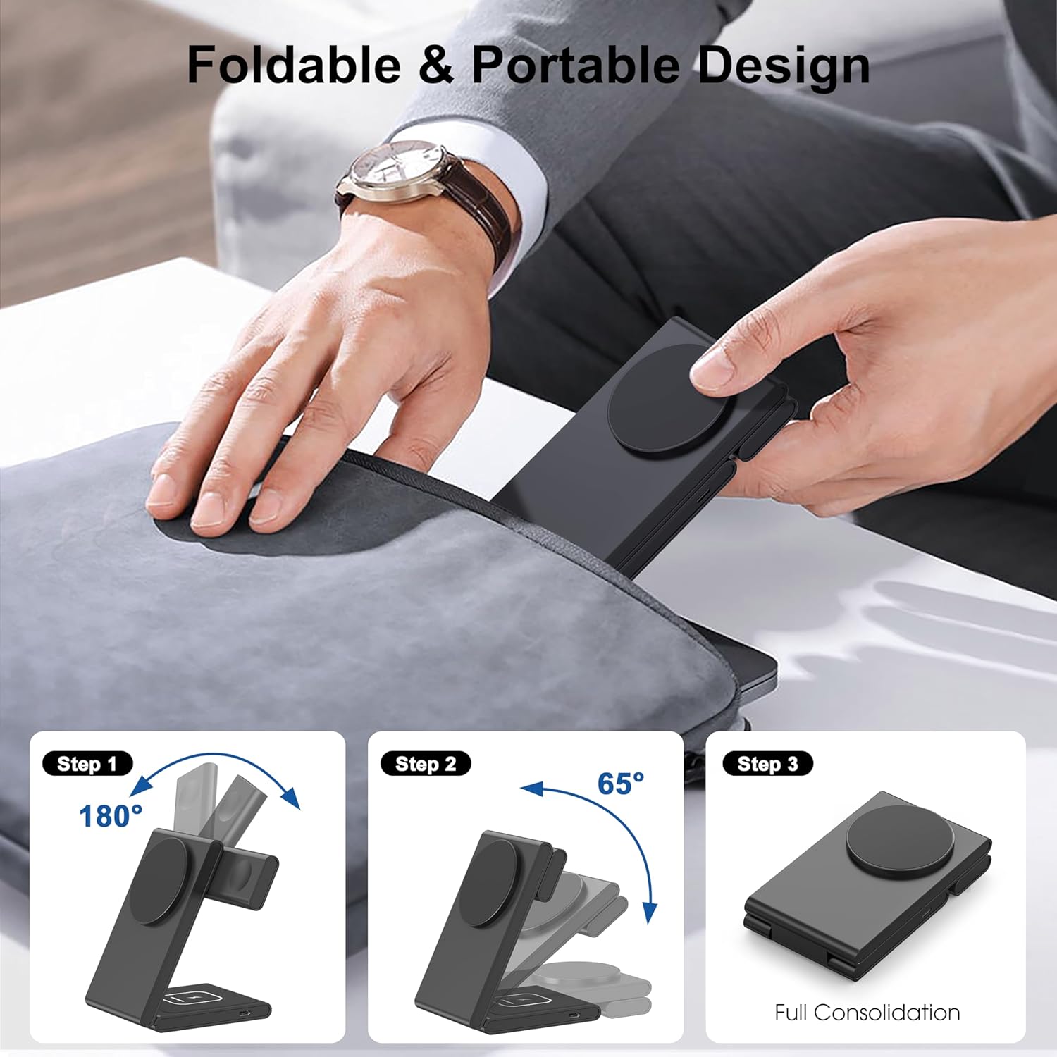 3-in-1 Wireless Charging Station, Standard 20W Fast Magnetic Foldable Magsafe Charger Stand for iPhone 17 16 15 14 13 Series, Travel Charger for iWatch 11/10/Ultra 2/AirPods 4 Series(Adapter Included)