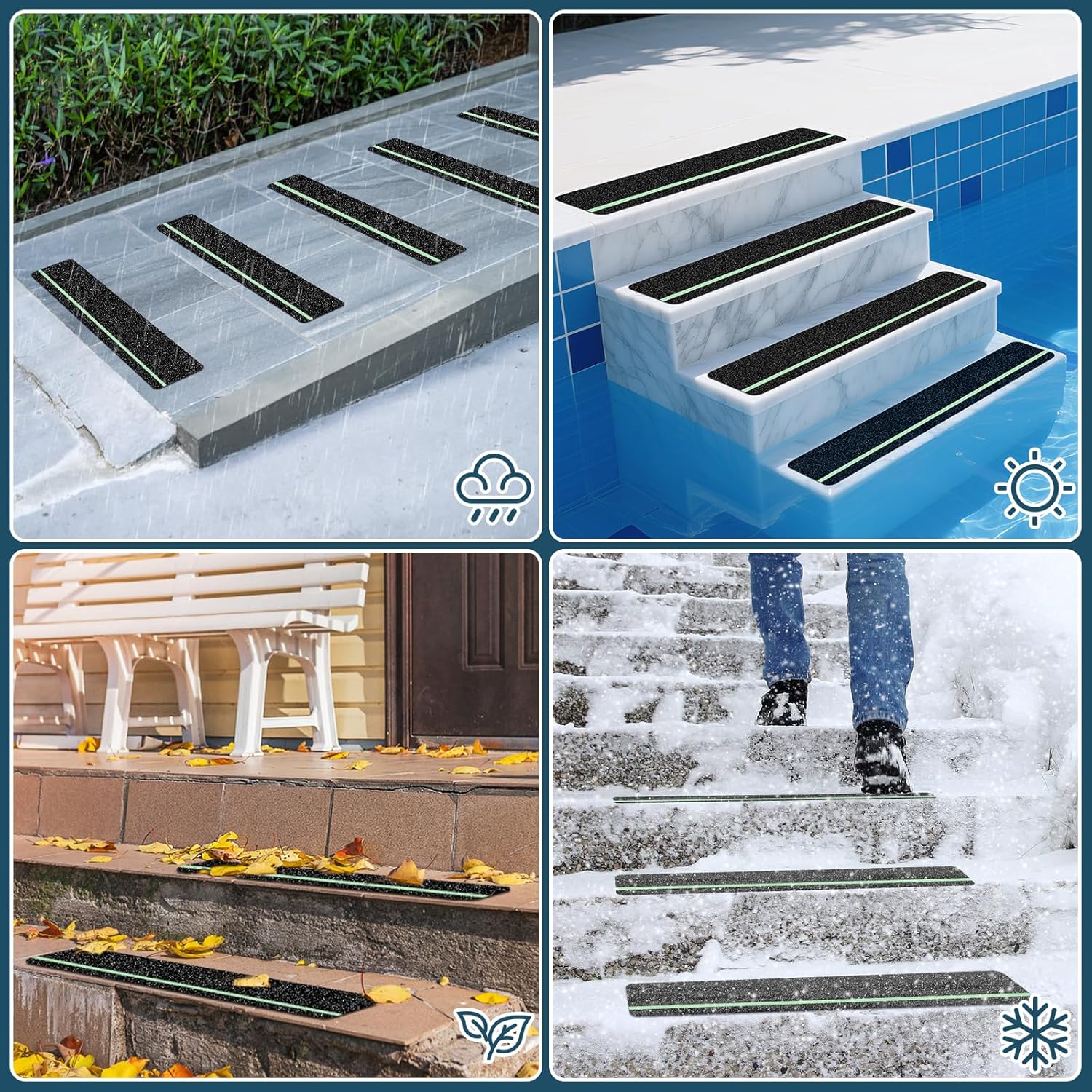 10 Pack 4” x 30” Anti Slip Traction Treads with Glow in The Dark Stripe, Outdoor Waterproof Non Skid Pre-Cut Tape with Roller, High Traction Friction Abrasive Adhesive for Stairs Step