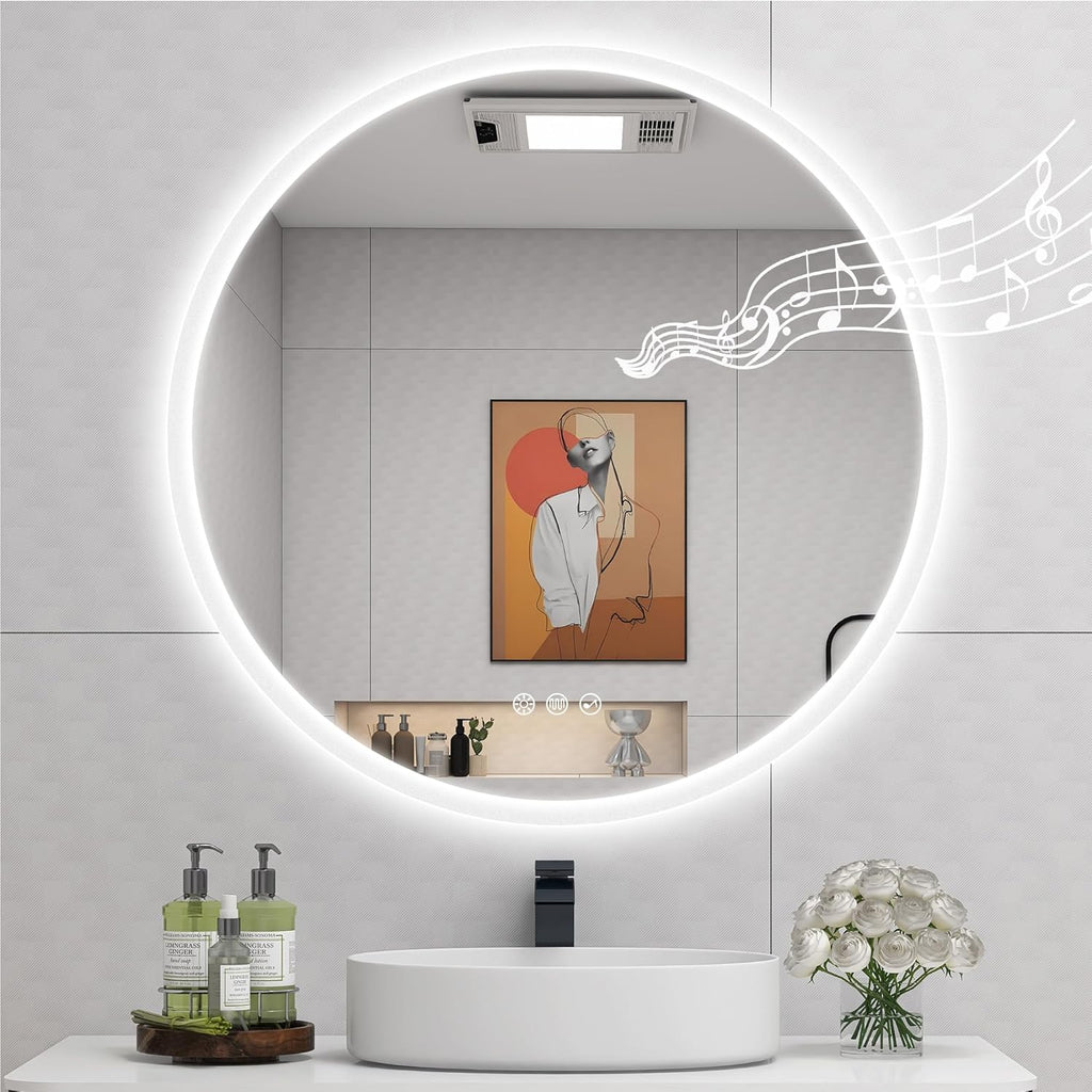 STARLEAD 28" LED-Bathroom-Mirror-with-Lights, Wall-Mounted with Bluetooth Speaker, Anti-Fog, 3 Color Temperature, Dimmable Brightness, Waterproof, Tempered Glass, Frontlit & Backlit, Round
