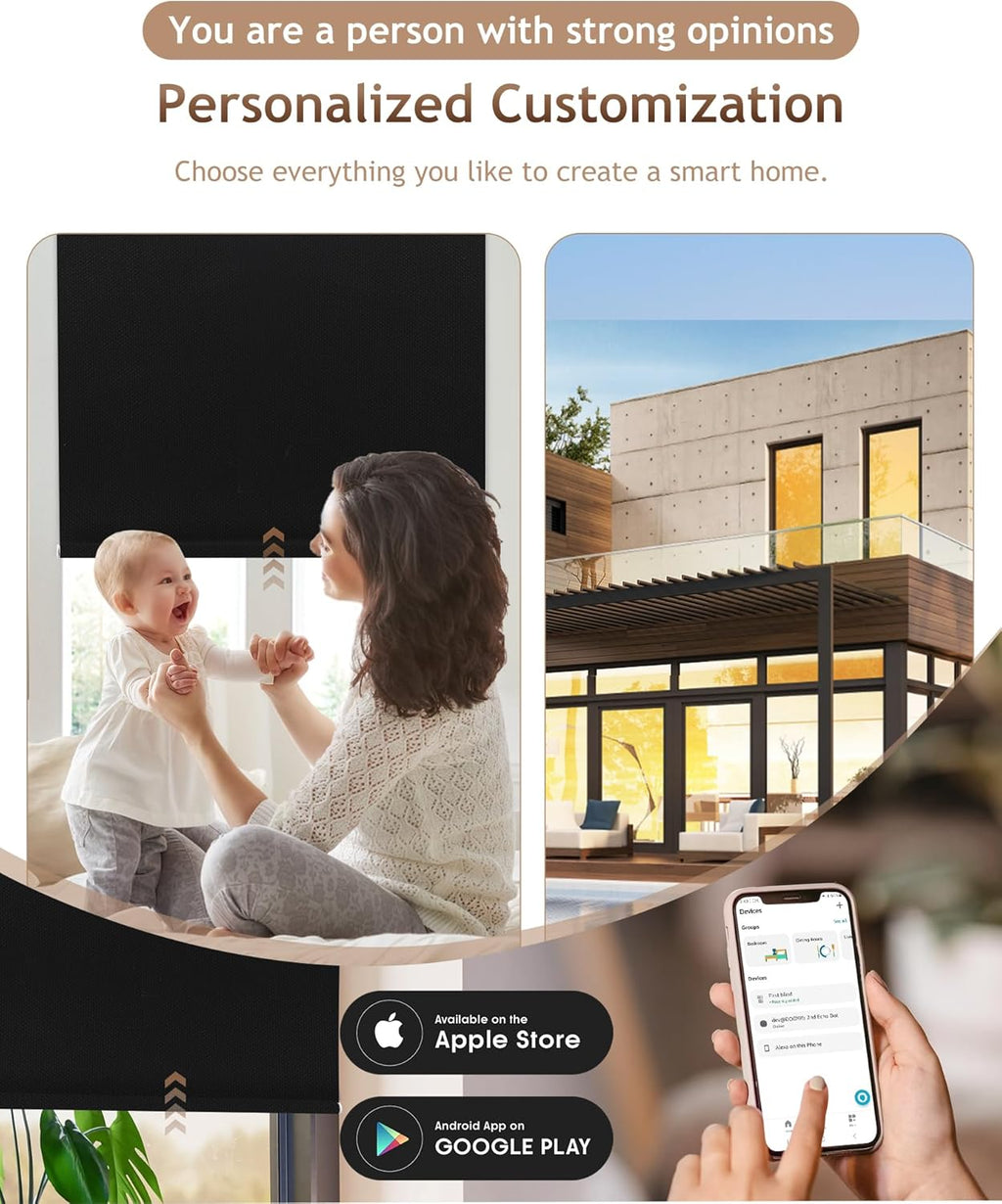 Kincmo Motorized Blinds with Remote,100% Blackout Motorized Roller Shades Work with Apple Homekit,Alexa,Google, Custom Electric Blinds with App,Voice Control (Pure Black)