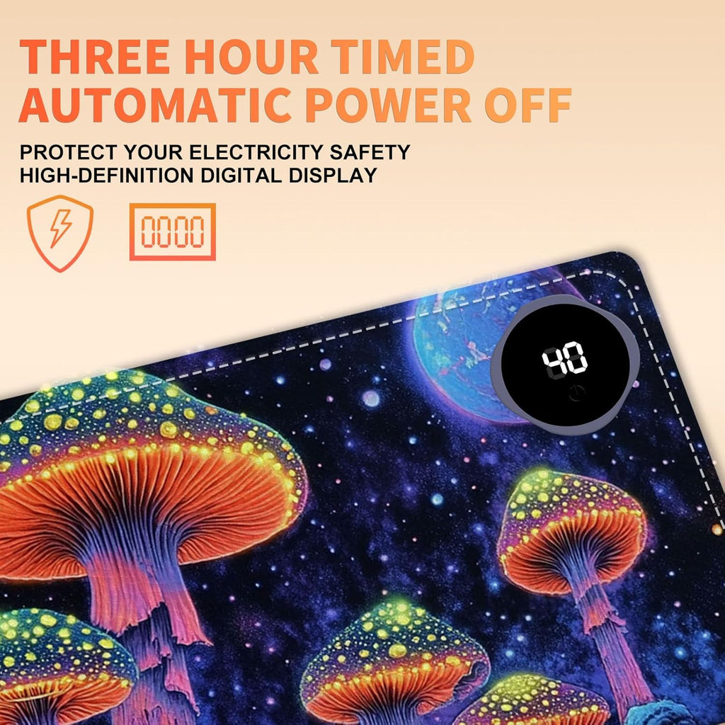 Heated Mouse Pad 31.5x13 in 3-Temp Fast Heating Desk Mat with Auto Timer Warmer for Hands Wrist Pain Relief Waterproof Keyboard Mat for Office, Gaming, Home, Mushroom Galaxy Art