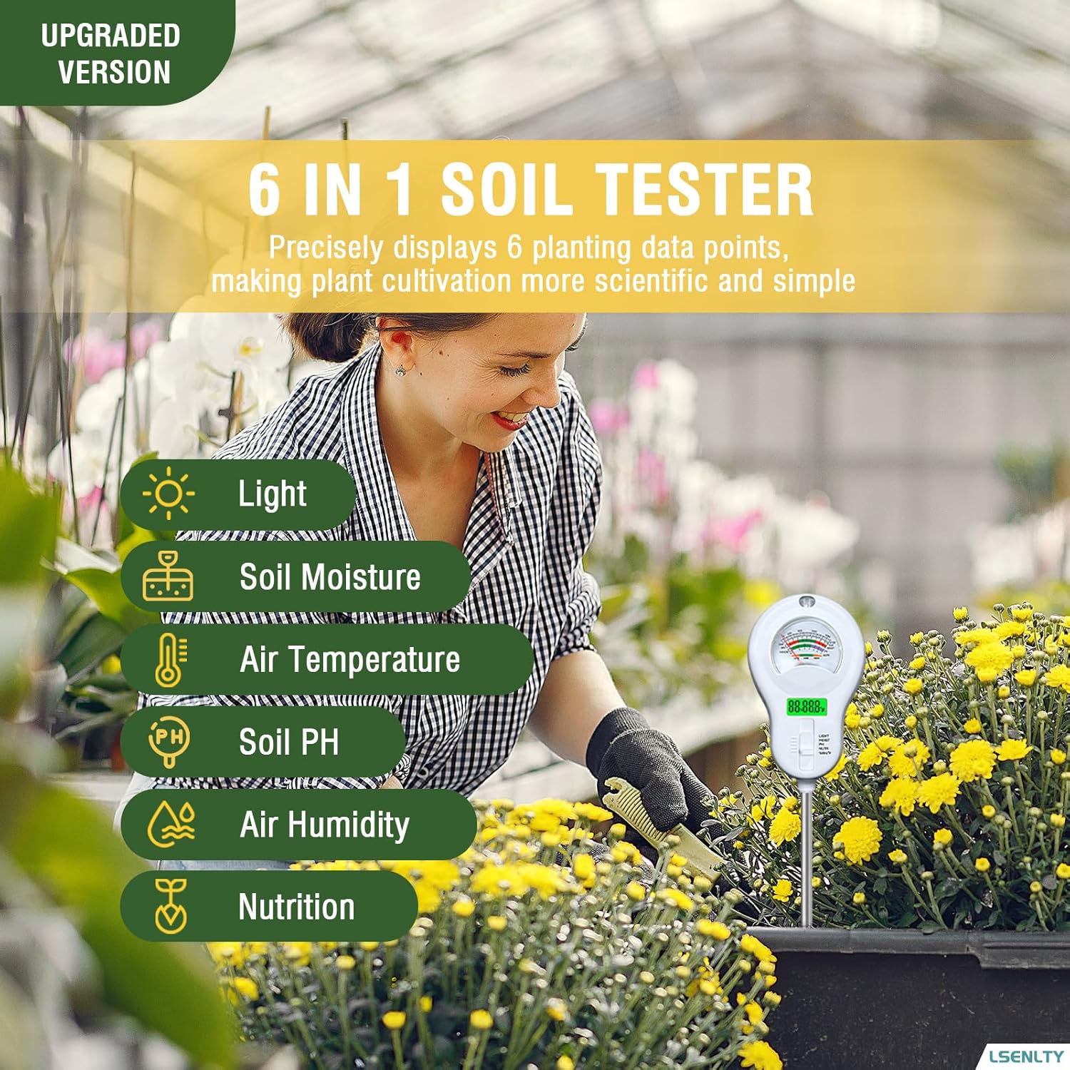 Soil Moisture Meter, 6-in-1 Soil pH Meter, Measures Temperature, Humidity, Light Intensity, nutrients, pH, and Ambient Humidity. Suitable for Horticulture, lawns, and Agriculture