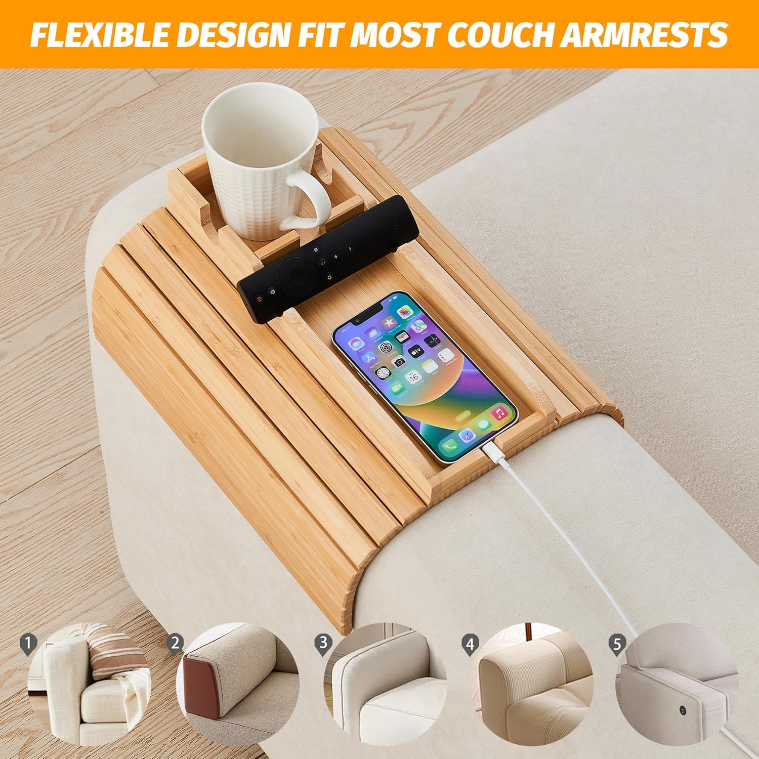 GEHE Bamboo Couch Cup Holder, Anti-Spill Sofa Arm Tray, Natural and Easy to Clean Couch Arm Cup Holder Armrest Tray Perfect for Cups, Beers, Snacks, Remote Control, Drinks