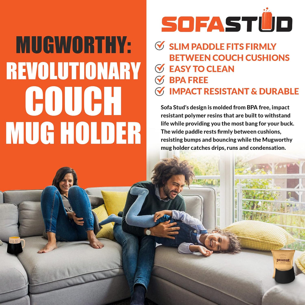 Mugworthy Couch Mug & Cup Holder - Spill Proof, Convenient, Versatile Drink Coaster Molded from BPA Free, Impact Resistant, Durable Plastic That Fits Coffee Mugs, Large Cups, Bottles & More
