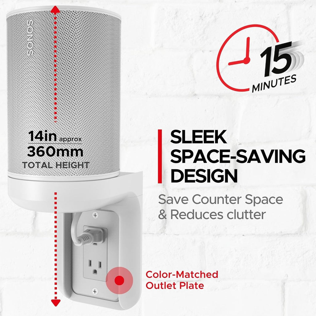 Sound Bass ERA100 Shelf Wall Outlet AC, White, Home, Compatible with Sonos ERA 100, Plug Mount Organizer, Bathroom, Kitchen, Bedrooms, Cord Management, Easy Installation, Mounting Kit Included