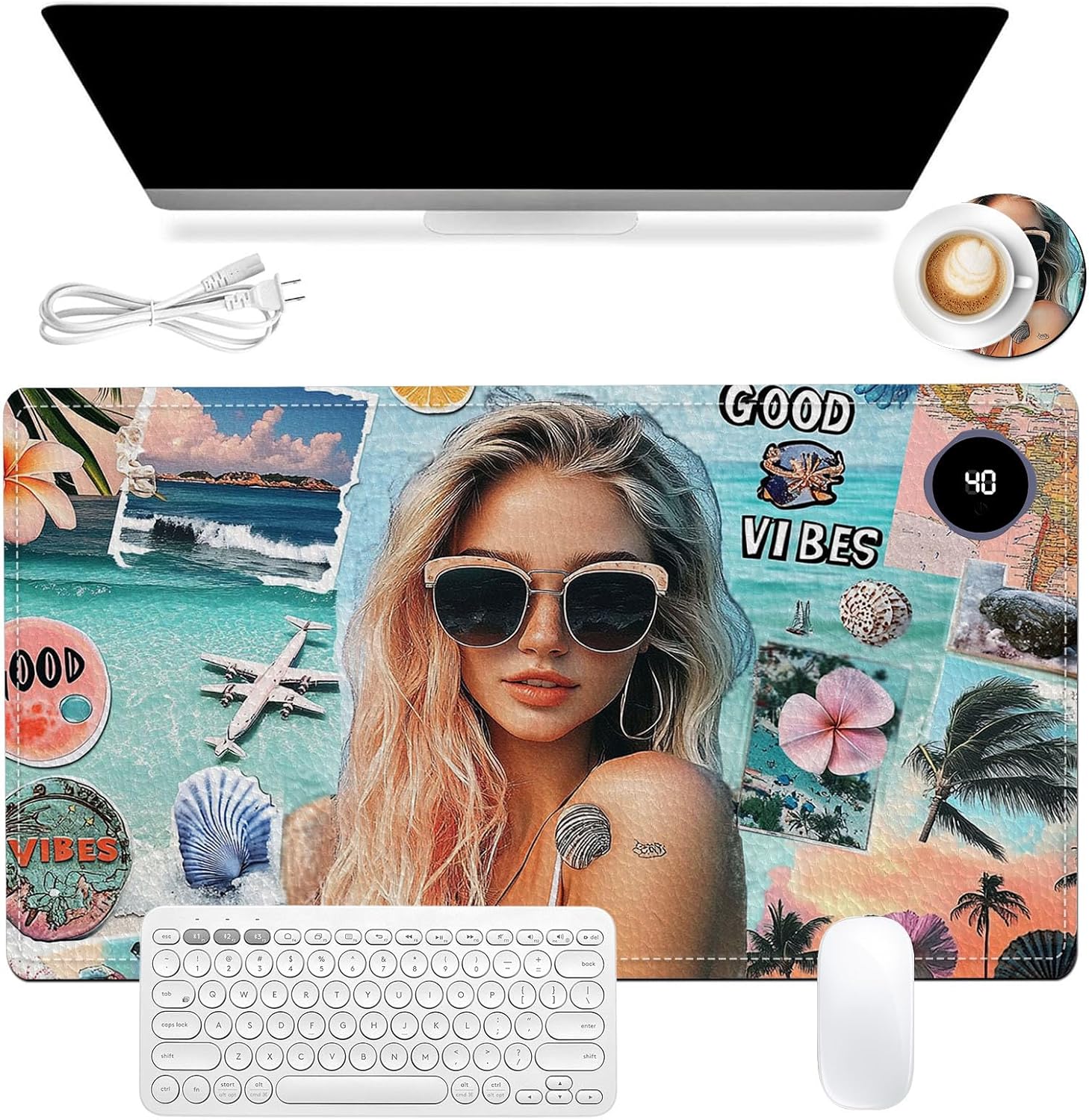 Heated Mouse Pad 23.6 x 14 in 3-Temp Fast Heating Desk Mat with Auto Timer Warmer for Hands Wrist Pain Relief Waterproof Keyboard Mat for Office, Gaming, Home, Beach Vibes Beauty