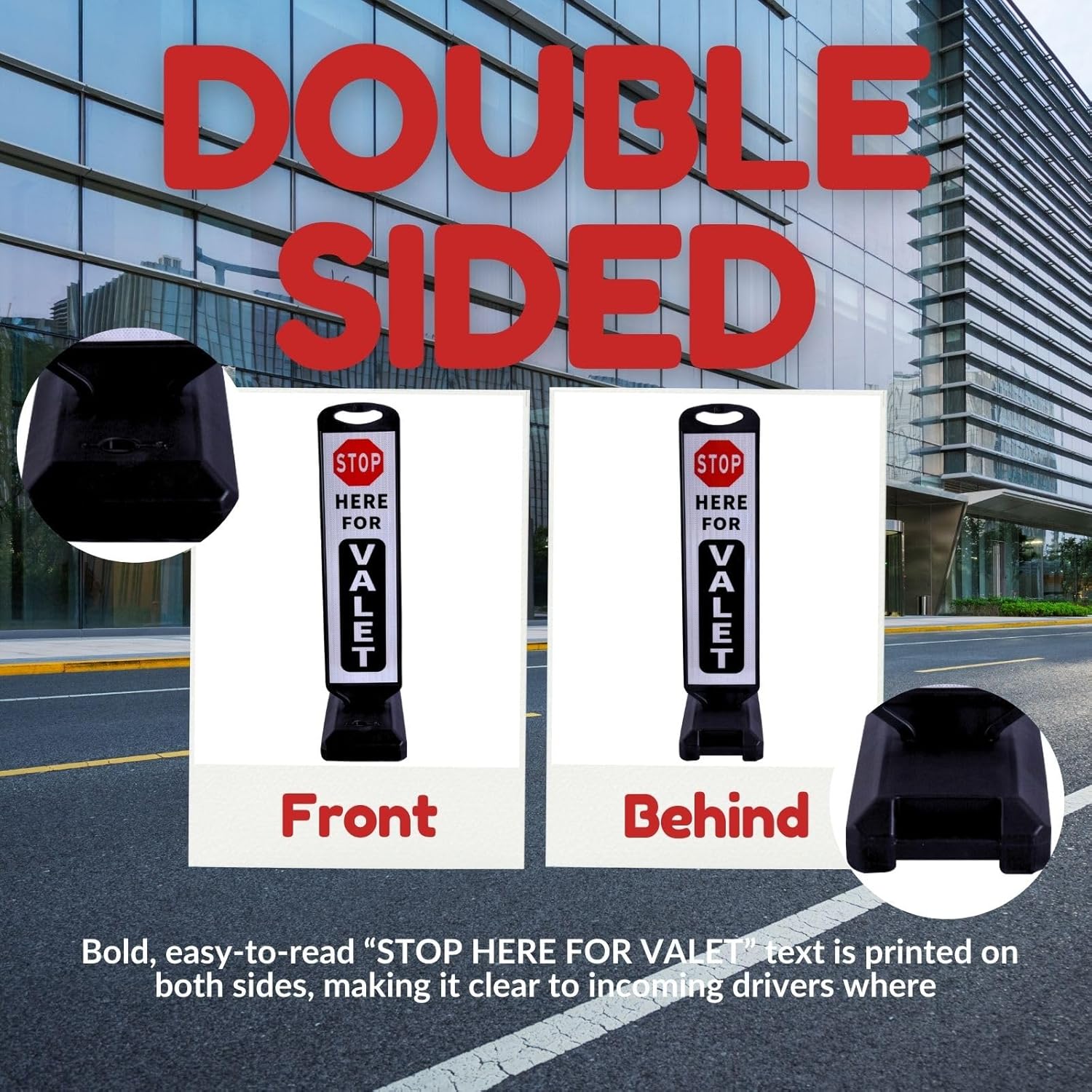 2-Pack Valet Parking Signs with Water-Filled Base, 32.8" x 9.4" Reflective Double-Sided Sheet, Reflective Traffic Sign for Parking Lots