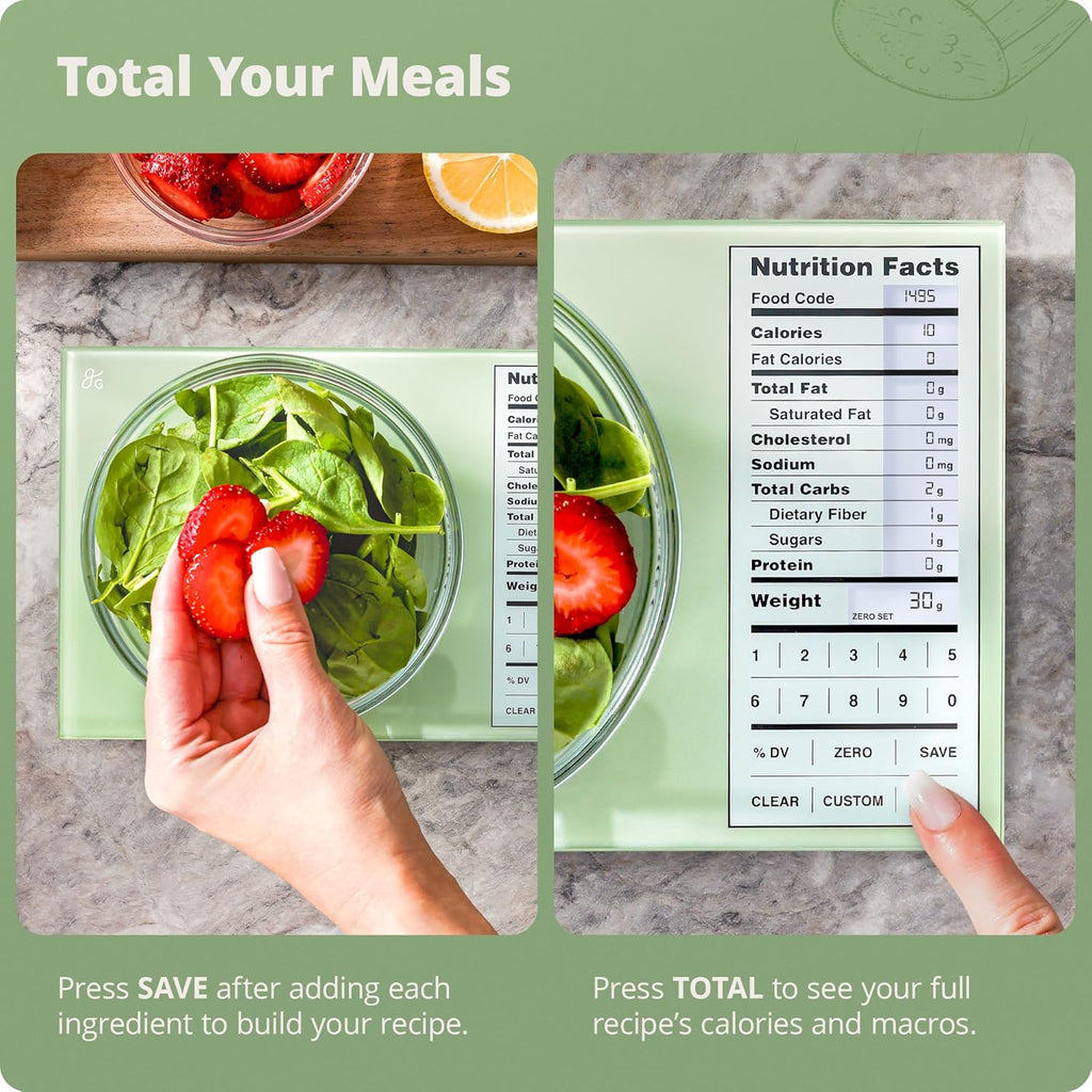 Greater Goods Digital Nutrition Scale – Accurate Macro and Calorie Tracking for Meal Prep, Weight Loss, and Healthy Eating | 2,000 Built-in Foods, Intuitive Nutrition Label Display, 11lb Cap, Green