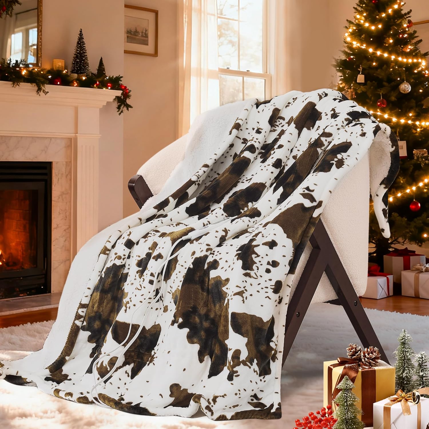 Electric Blanket Twin Size - Reversible Sherpa & Flannel, 62"× 84" Heated Throw Blanket with 6 Heat Settings & 1-12H Timer, Machine Washable, Warm Gift for Women, Brown Cow Print