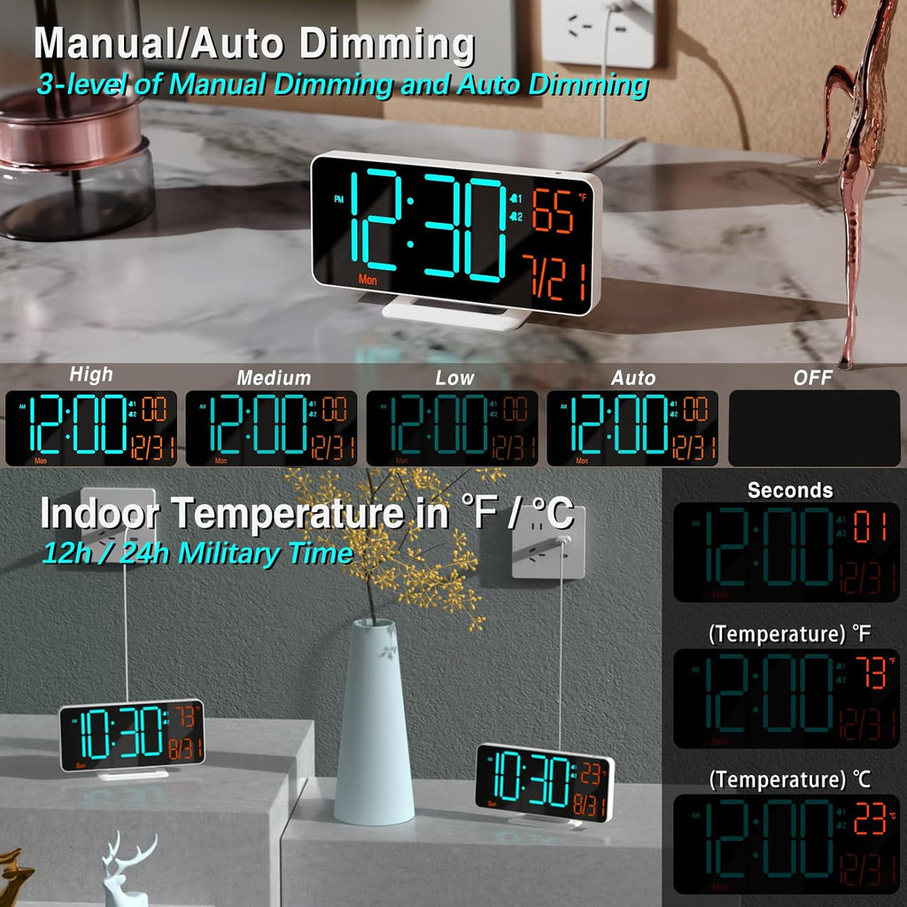 KOSUMOSU Desk Clock, 6.7in Small Digital Clock for Bedroom, Auto Dimming, Room Temperature, Day of The Week, Seconds, Date, LED Clocks for Living Room, Alarm Clocks for Bedrooms