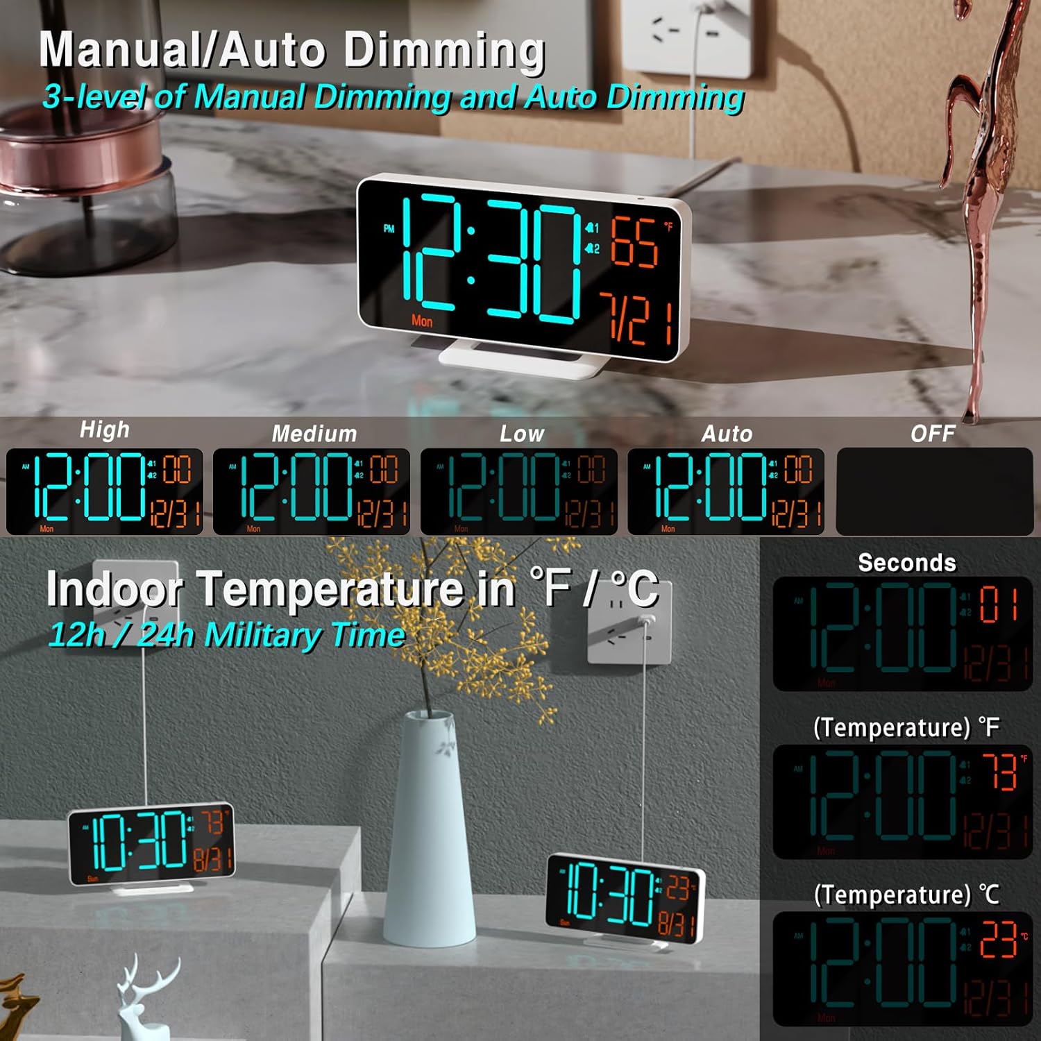 KOSUMOSU Desk Clock, 6.7in Small Digital Clock for Bedroom, Auto Dimming, Room Temperature, Day of The Week, Seconds, Date, LED Clocks for Living Room, Alarm Clocks for Bedrooms