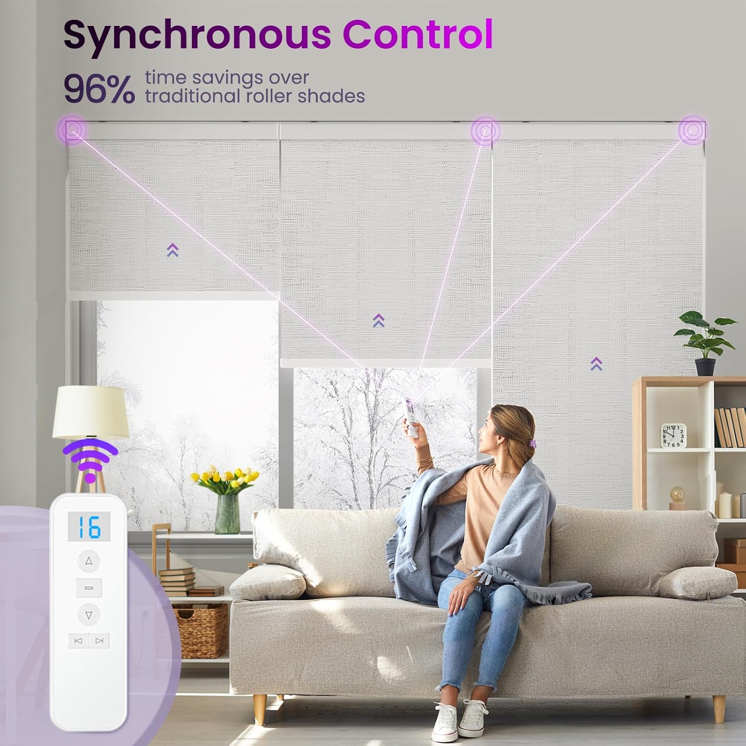 Astomi Motorized Roller Shades for Windows, Blackout Automatic Blinds with Remote, Smart Blinds, Voice Control, Compatible with Alexa, Google, Custom Size (Jacquard PureWhite)
