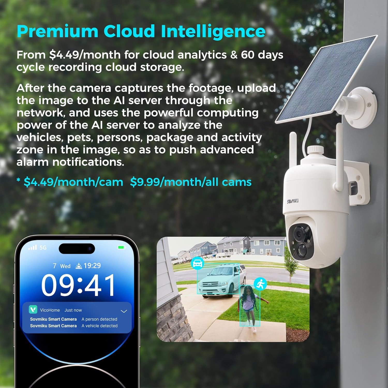 Sovmiku CQ1 AI 2K Solar Security Camera Wireless Outdoor, Battery Powered Cam, Two-Way Audio,PIR Motion Detection, Easy to Setup, Pan/Tilt 360° View,Color Night Vision,Audible Flashlight Siren,SD Slot