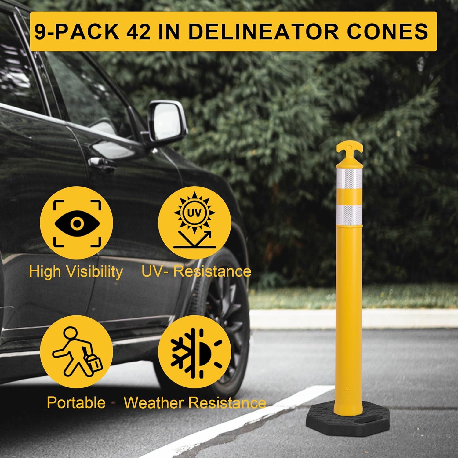 OrangeStar 9-Pack 42" Traffic Delineator Post Cones with Heavy Duty Rubber Base, Yellow Safety Cones for Road, Parking Lot, Warehouse, Construction Zone Safety