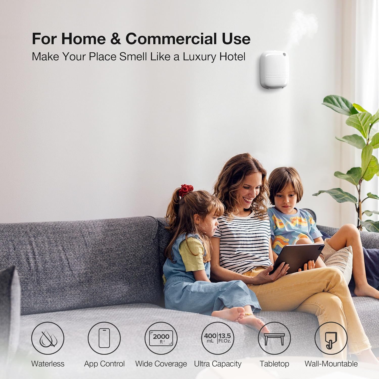 Smart Waterless Essential Oil Diffuser (400 mL Capacity) Starter Kit with 200mL Hotel Scent Fragrance Oils, Up to 2000 sq ft App Control Scent Air Machine with 12V1A Power Adapter, ANW Kit White