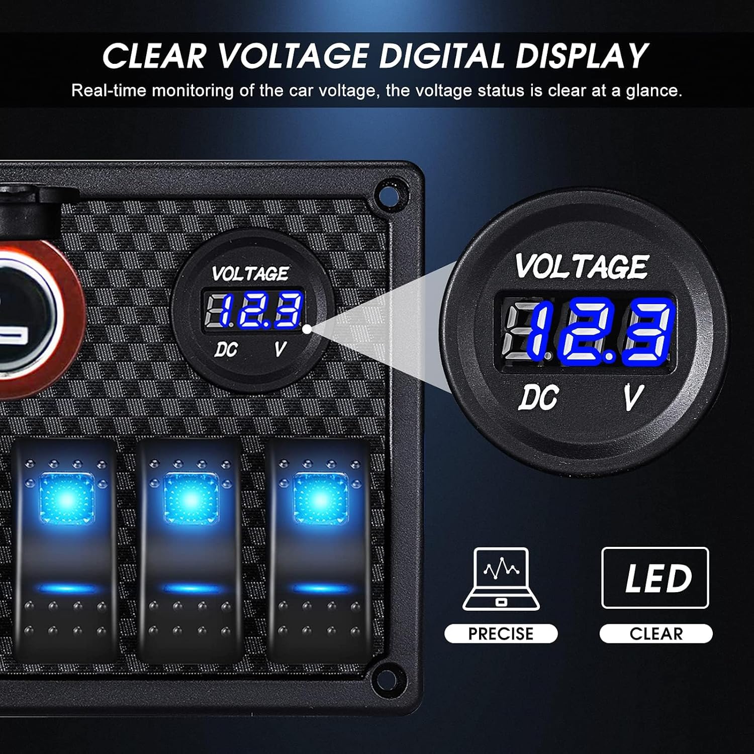 MKING Marine Switch Panel - 8 Gang Waterproof Rocker Panel With Circuit Breaker, USB & Type-C Charger, Digital Voltmeter, Cigarette Socket, 12V Blue LED