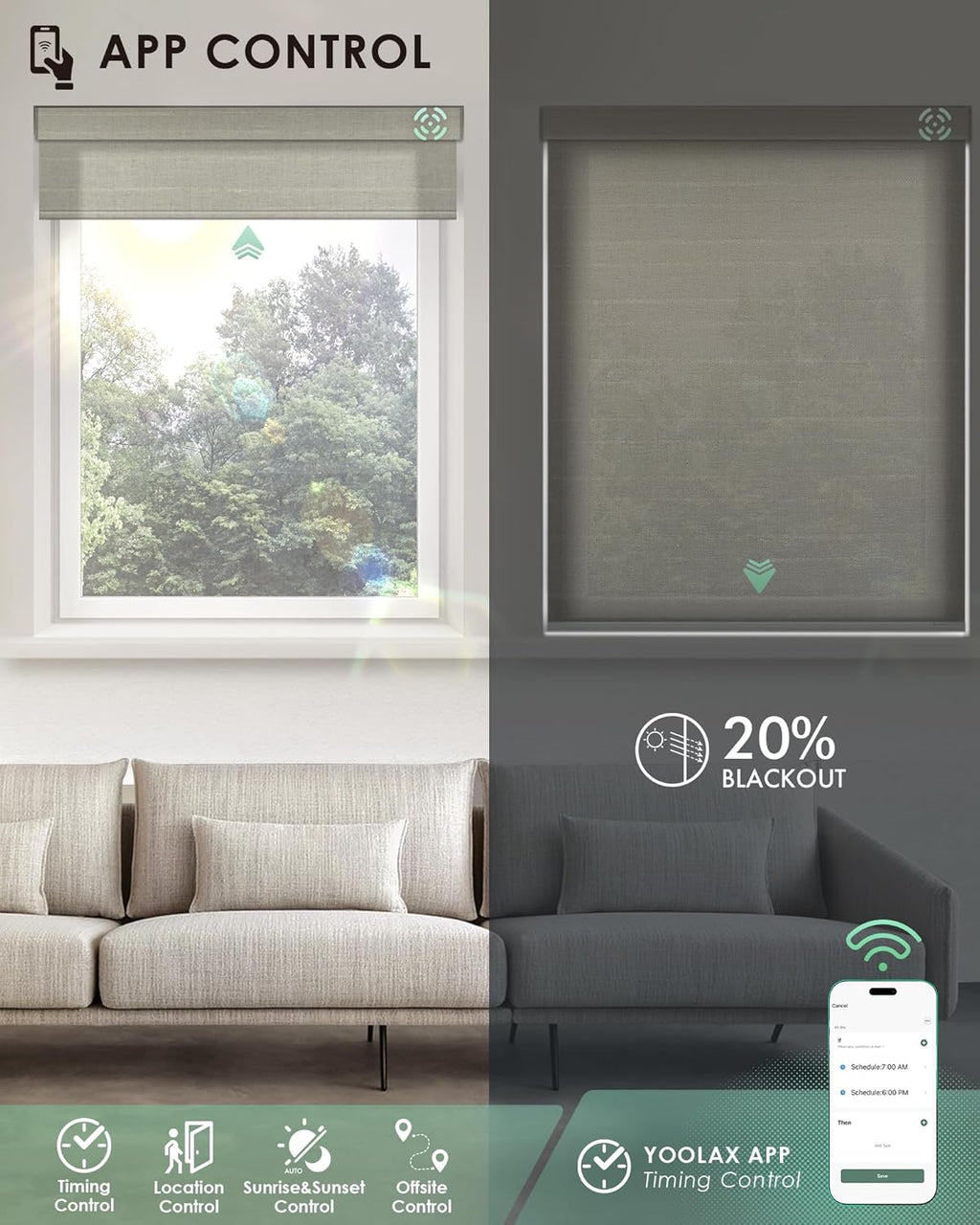 Yoolax Motorized Blinds with Remote, Light Filtering Smart Blinds Compatible with Alexa Google Home, Automatic Shades for Windows Living Room, Custom Size(20% Blackout V-Woven Dune)