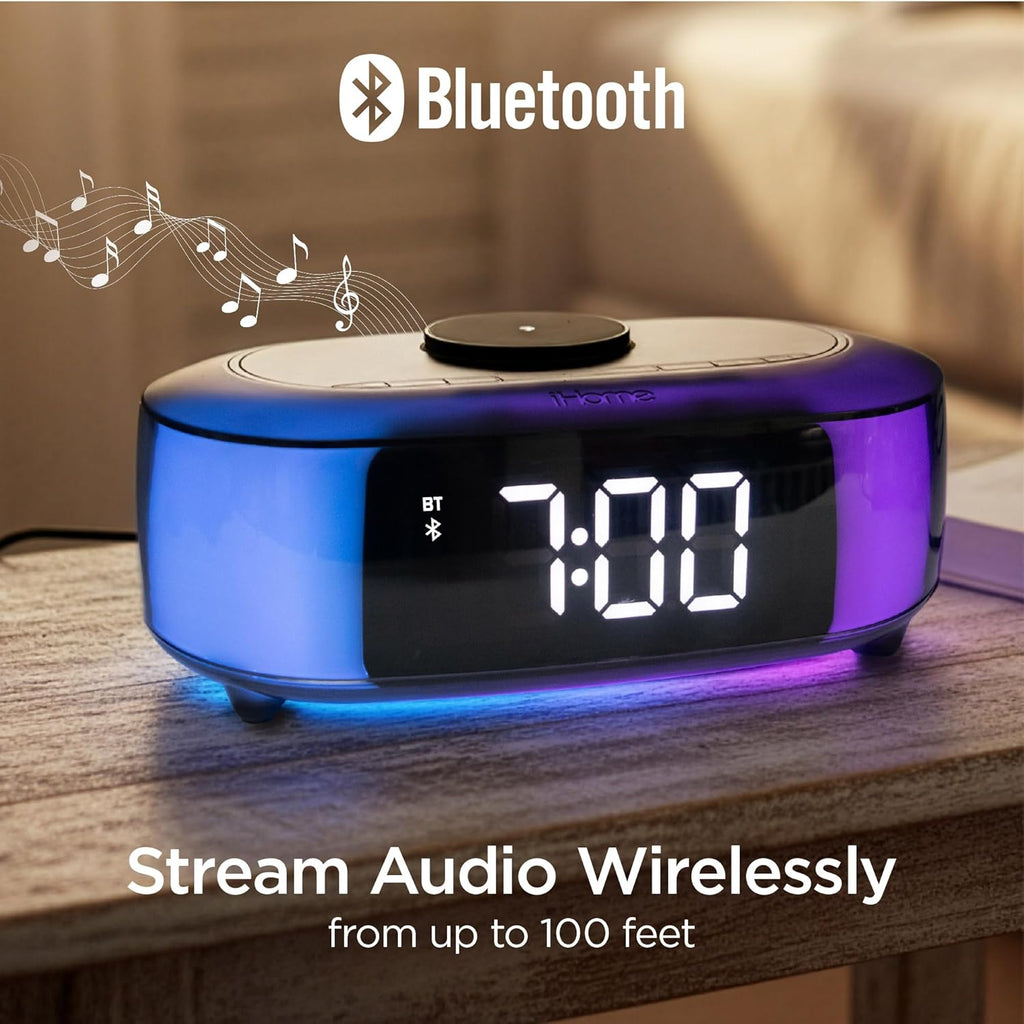 iHome Alarm Clock Radio with Qi2 Magnetic Wireless Charger, Bluetooth Speaker, and 2 USB Chargers (iBTW282)