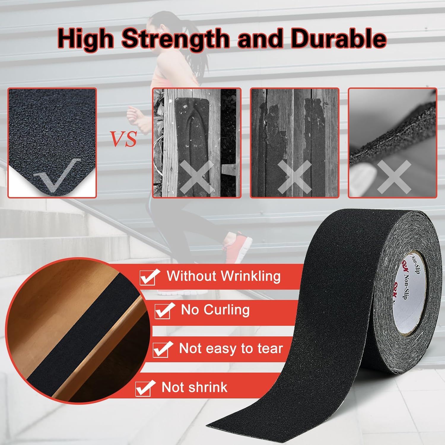 S&X Anti Slip Tape 3 Inch x 60 Ft, High Traction Grip Tape for Stairs Steps, Non-Skid Roll Non Slip Stair Tread Outdoor Indoor Waterproof, Weather-Resistant, Black