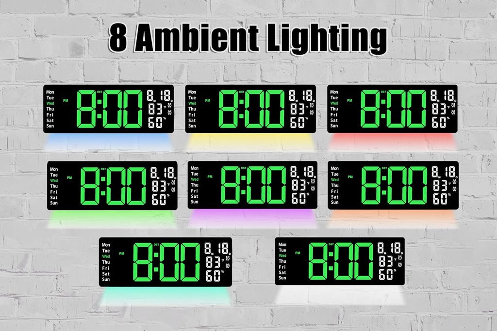 17.5 Inch Green LED Digital Wall Clock with 8 Ambient Light Colors｜Displays Time,Date,Day,Temperature&Humidity,Dual Alarms,Countdown&Stopwatch,DST,10-Level Auto/Manual Brightness｜Modern Silent Clock