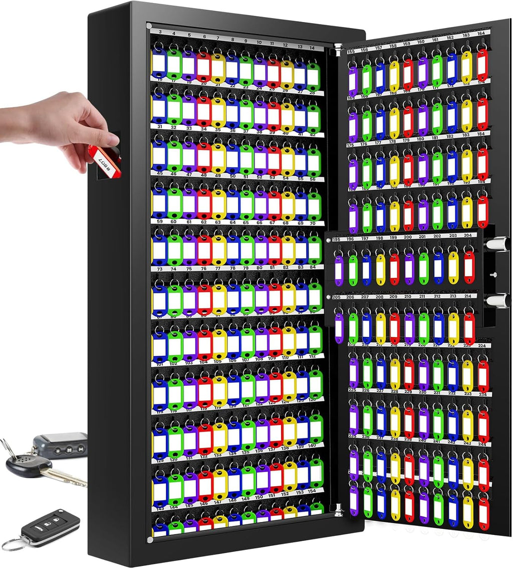 254 Keys Digital Key Lock Box Wall Mount with Code, Heavy Duty Anti-Theft Key Lock Box with Side Drop Slot and Colorful Key Tags for Car Garage House Rental Office