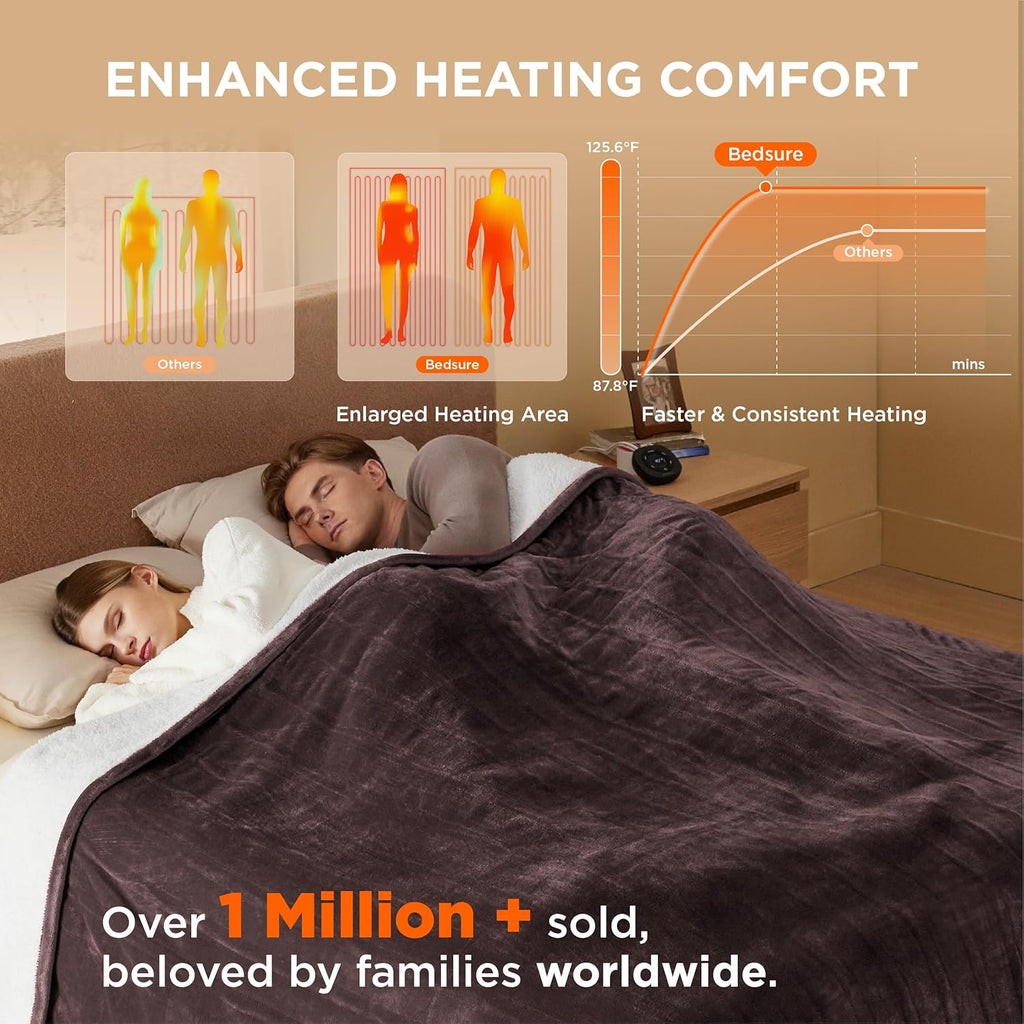Bedsure Electric Blanket Queen Size - Dual Control Heated Blanket Queen, Fast Heating with 10 Time Settings & 10 Heat Settings, Warm Gift for Grandma (84x90 inches, Brown)